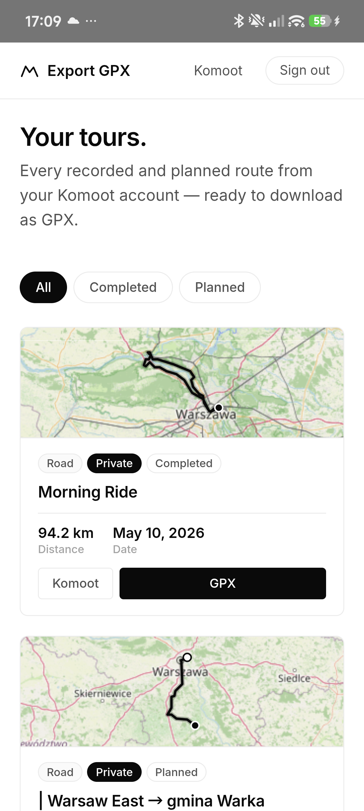 Tour list with map previews