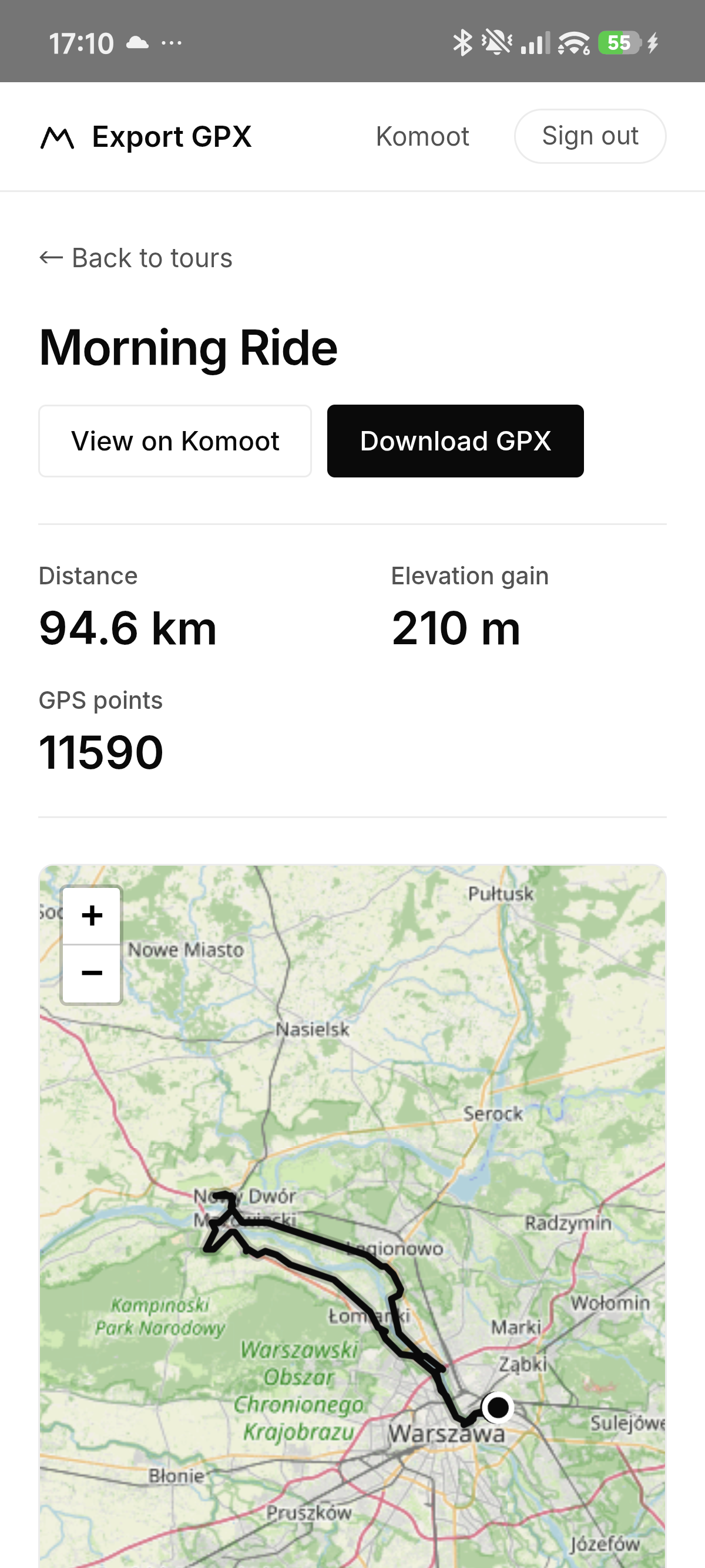 Tour detail with route map