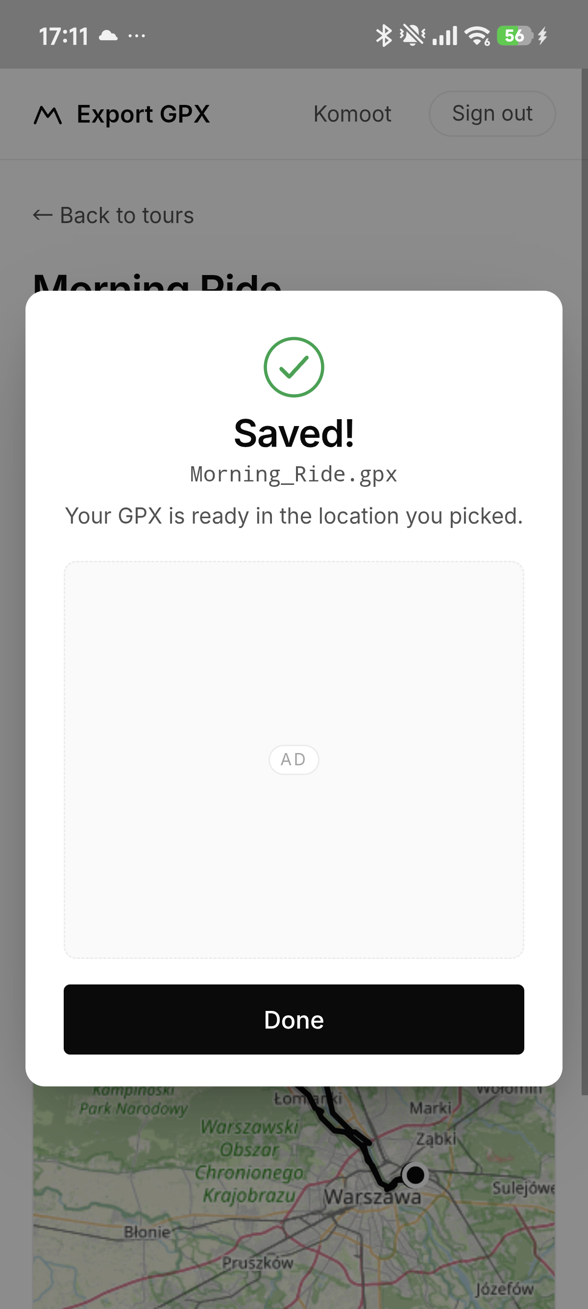GPX saved confirmation
